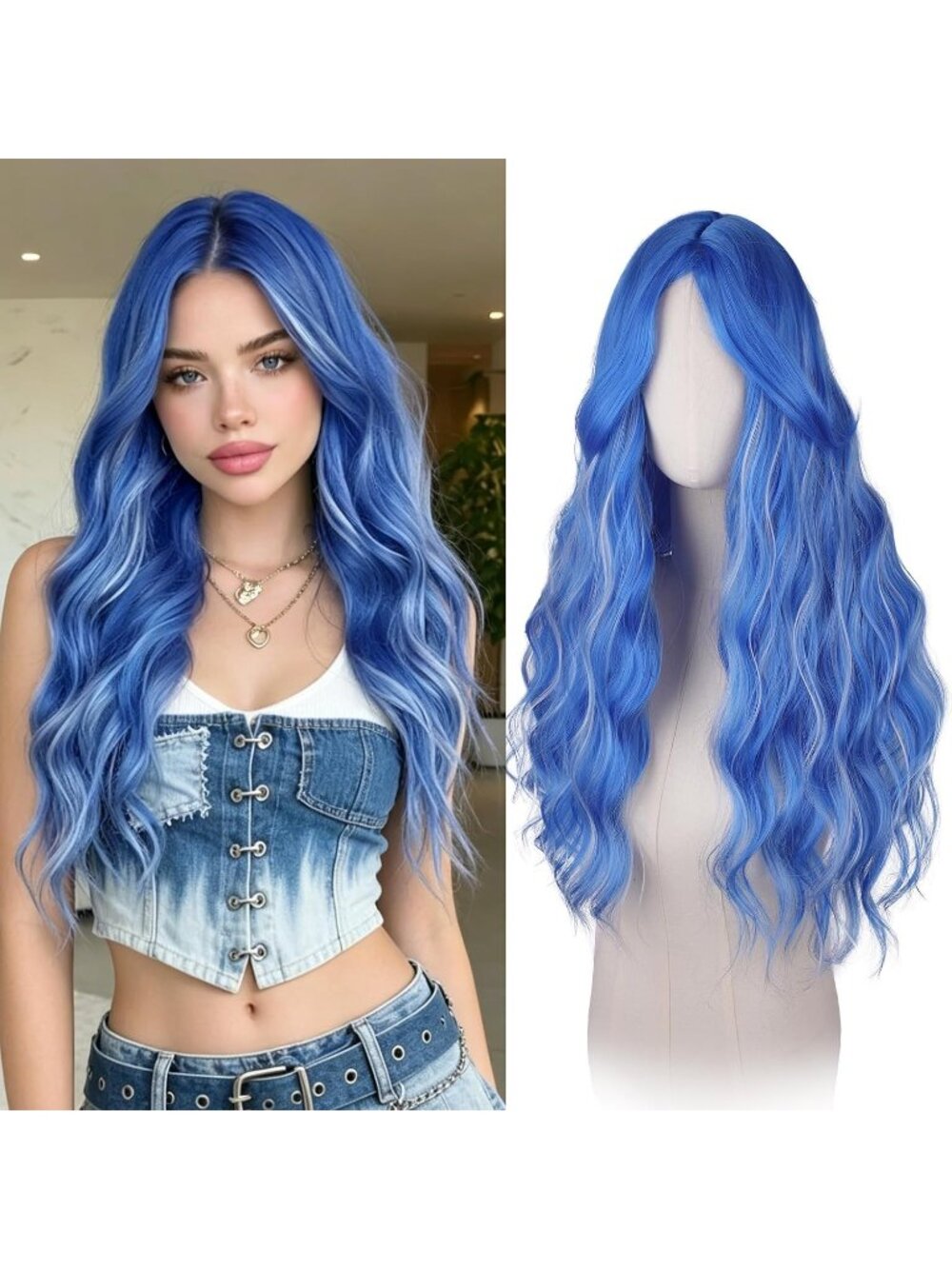 Women's Blue Mixed Grey 26 Inch Heat Resistant Curtain Bangs Long Wavy Wigs